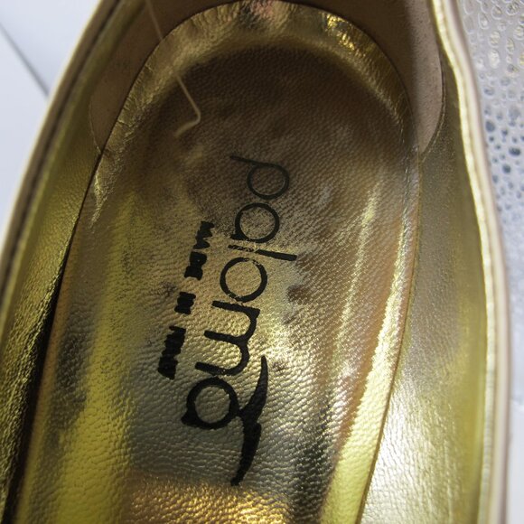 Paloma black patent leather peep-toe 2 inch heel with gold button accent 8.5AA - Picture 2 of 6